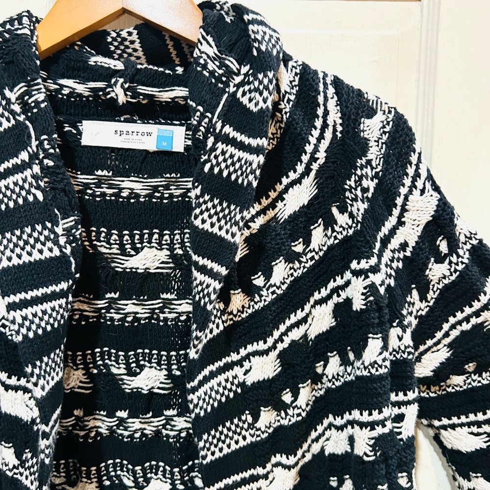 Anthropologie Sparrow Black & White Open Chunky Knit Sweater Cardigan Hood M - Picture 2 of 8